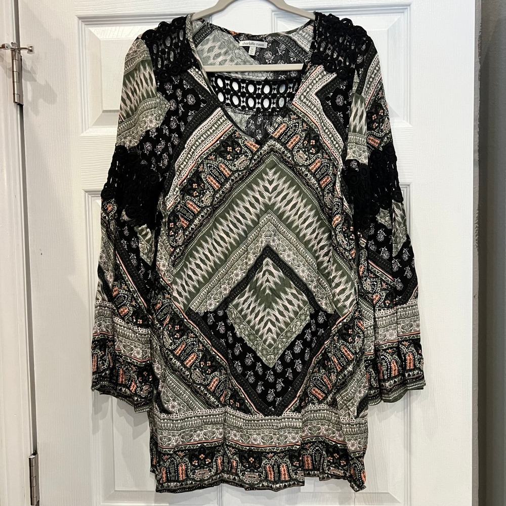 Charlotte Russe Tunic Top Rayon Woven Mixed Print Crochet Lace Boho Hippie M